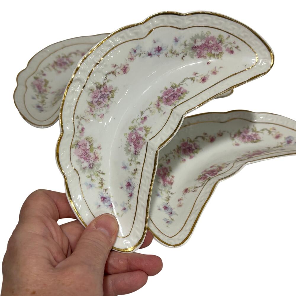 Vintage porcelain bone dishes matching set of 4 pink floral & gold highlights
